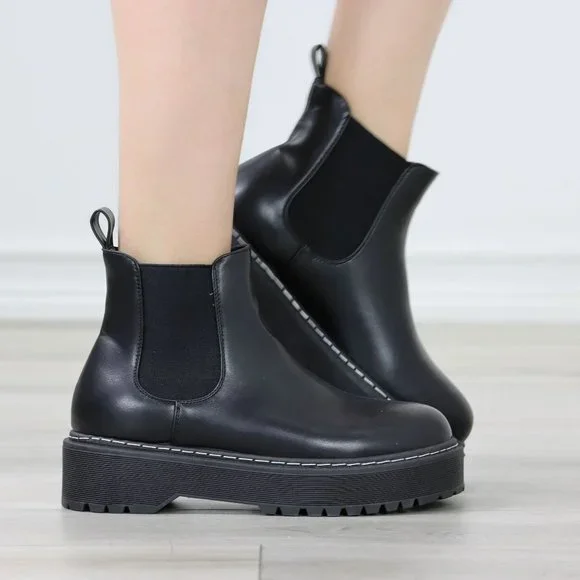 Womens Combat Boots Slip On Platform Chelsea Bootie Chunky Lugged Sole - Picture 8 of 13